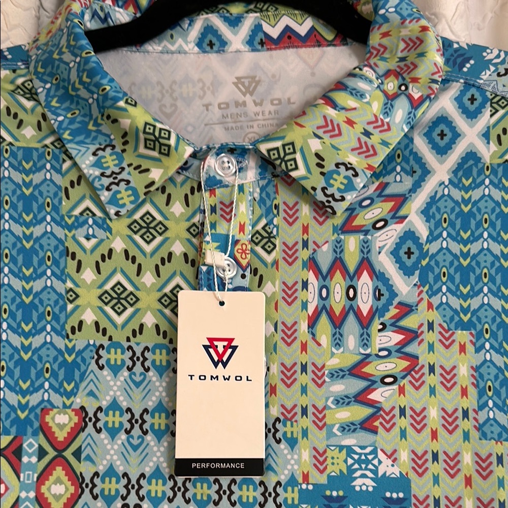 Blue and Green Polo Shirt with Geometric Pattern